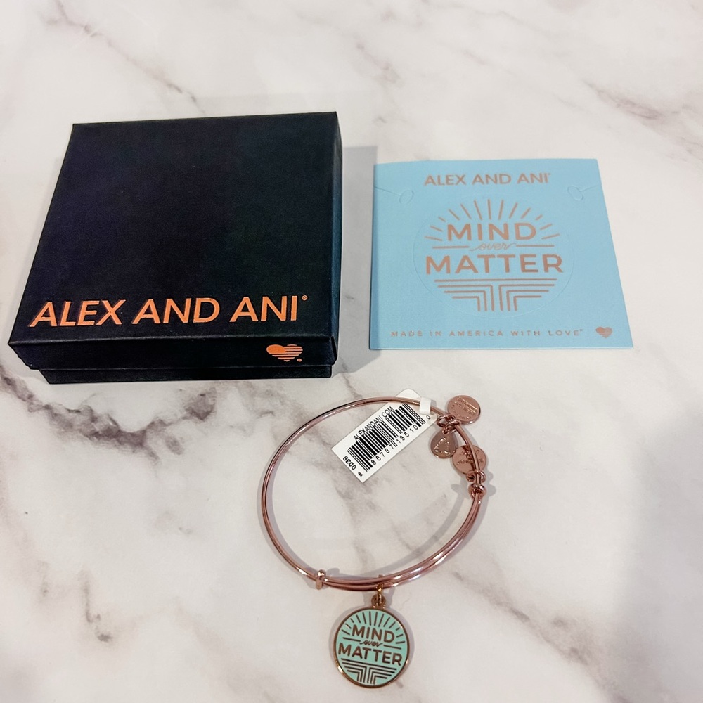 Alex and Ani “Mind Matter” Rose Gold Charm Bracelet with Teal Accent